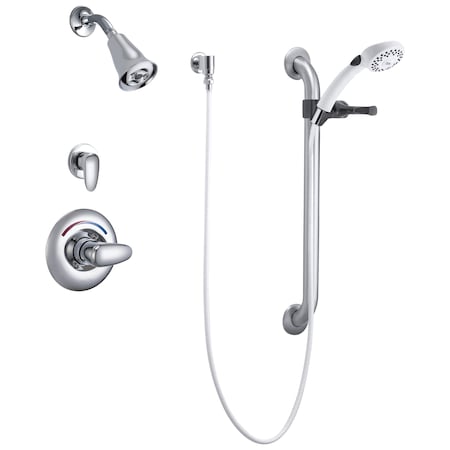 Delta Commercial T13H Universal Dual Shower Trim Diverter Hand Shower And Grab Bar In Chrome T13H382