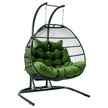 Leisuremod Wicker 2 Person Double Folding Hanging Egg Swing Chair with Dark Green Cushions ESCF52DG