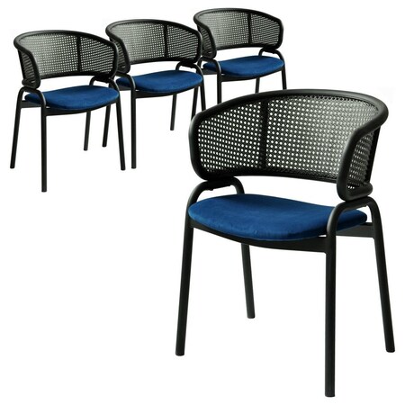 Leisuremod Ervilla Dining Chair in Black Steel Frame with Black Wicker Back in Navy Blue, 4PK ECBL-20BL-NBU4