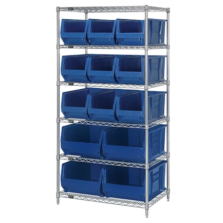 Quantum Storage Systems WIRE SHELVING UNIT W/13 BLUE BINS WR6-953954BL