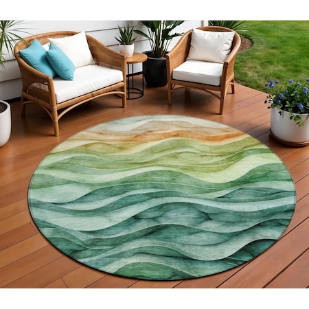 Homeroots 8' Teal Blue Round Abstract Washable Indoor Outdoor Area Rug 608078