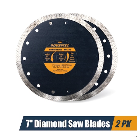 Powertec 7 Inch Diamond Saw Blades for Circular Saws, Super Thin Turbo Mesh Rim Blades, 2PK 14001-P2