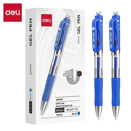 Deli Retractable Gel Pen 0.5mm, Blue Ink, Soft Grip, 12PK EQ10430