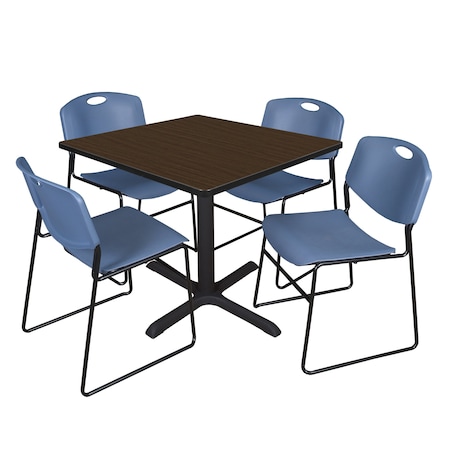 Regency Square Cain Breakroom Table W/ 4 Zeng Stack Chairs, 36 in W, 36 in L, Neo Walnut TB3636NW44BE
