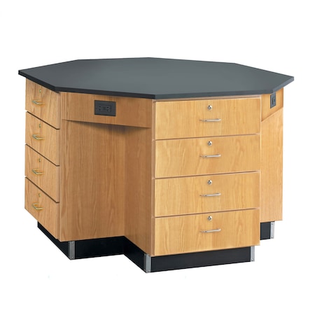Diversified Spaces Octagon Workstation with Drawers, Oak, Wood Frame, 62 in W, Black/Red 1646KF