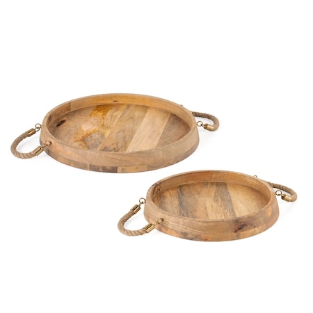 Homeroots Set of Two Brown Round Solid Wood Serving Trays With Handles 574199