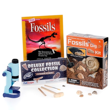 Amscope Kid's Fossil Adventurer featuring 60X-120X Portable LED Handheld Microscope, Fossil Dig Kit, 18-Piece KVB-FOS-612-ADV