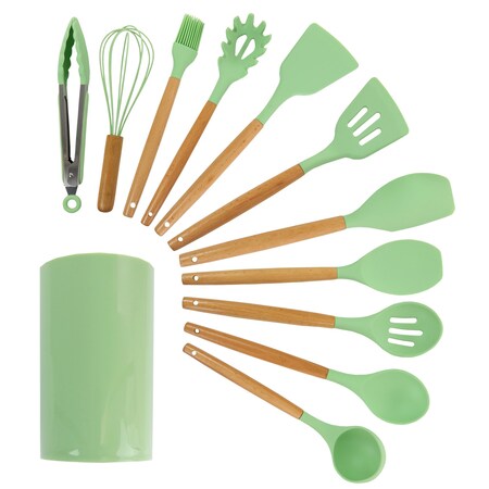 Megachef Mint Green Silicone and Wood Cooking Utensils, Set of 12 MGSP-540