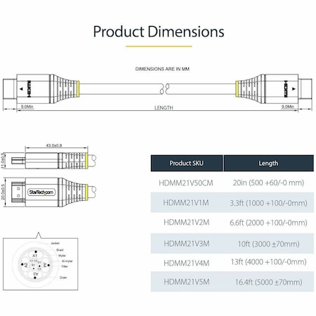 Startech.Com 20IN ULTRA HD HDMI 2.1 CABLE 8K 60HZ 4K 120HZ; HDR10+/DOLBY VISION; EARC DTS:X/D HDMM21V50CM