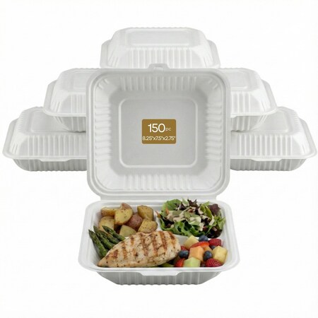 Eco Harmony Products Clamshell Hinged Food Storage Container, MFPP, Center Slide, 3 compartments, 8.25" x 7.5", 150PK 804599