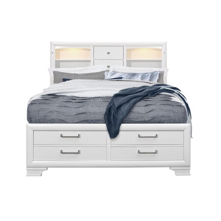 Homeroots White Solid Wood Lighted Full Bed Frame With Drawers 383793