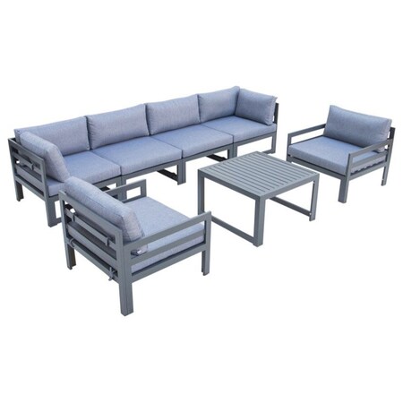 Leisuremod Chelsea 7-Piece Patio Armchair Sectional And Coffee Table Set Black Aluminum With Blue Cushions CSTARBL-7BU