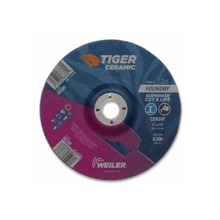 Weiler Tiger Grinding Wheel, 7 in dia x 1/4 in Thick x 7/8 in Arbor, 24 Grit, Ceramic Alumina, Type 27, 10PK 804-68388