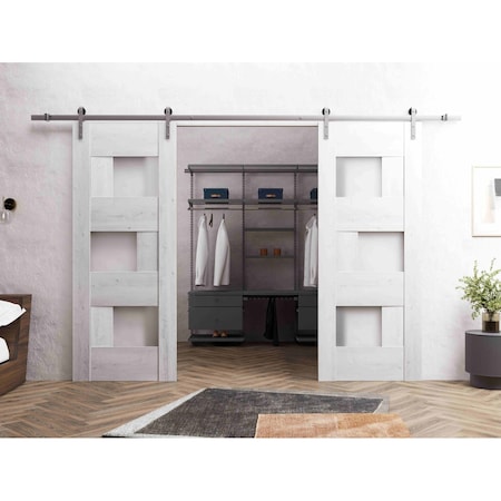 Vdomdoors Sturdy Dbl Barn Door 84 x 96in, Nordic White W/ Frosted Glass, SS 14FT Rail Hangers Heavy Set SETE6933DB-S-NOR-8496