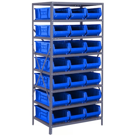 Quantum Storage Systems WIRE SHELVING UNIT W/21 BLUE BINS 2475-952BL