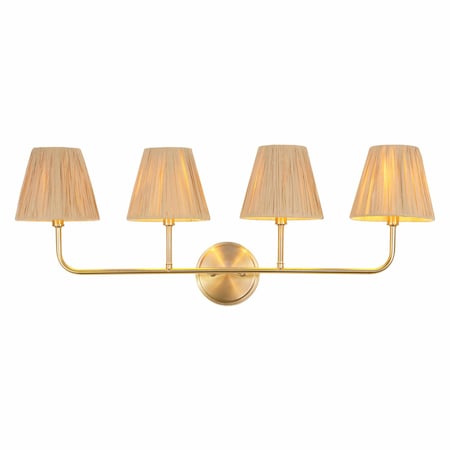 Jonathan Y Malaya 31.5" 4-Light Bohemian Coastal Metal Pleated Paper Shade LED Vanity Light, Beige/Brass Gold JYL1617A