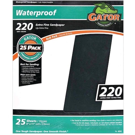 Ali Gator 4241 Sanding Sheet, 11 in L, 9 in W, Extra Fine, 220 Grit, Silicon Carbide Abrasive, Paper Backing 3283