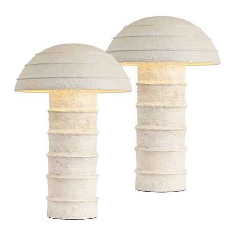 Jonathan Y Cremini 17.5" Modern Minimalist Plaster-Look Ribbed Mushroom Resin Cylinder LED Table Lamp, Cre, 2PK JYL9204A-SET2