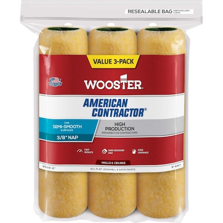 Wooster American Contractor 9''x3/8'' Knit Fabric Roller Cover, 3PK R568-9