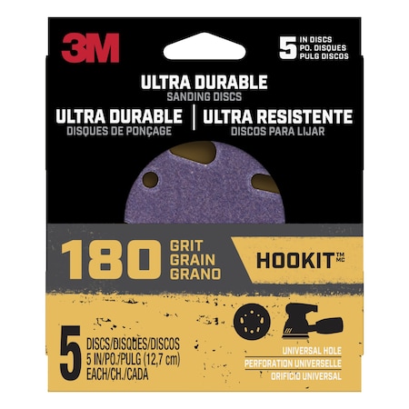 3M Ultra Durable 5 inch Power Sanding Discs, Universal Hole, 180 grit, 20PK DISC5IN5PK180