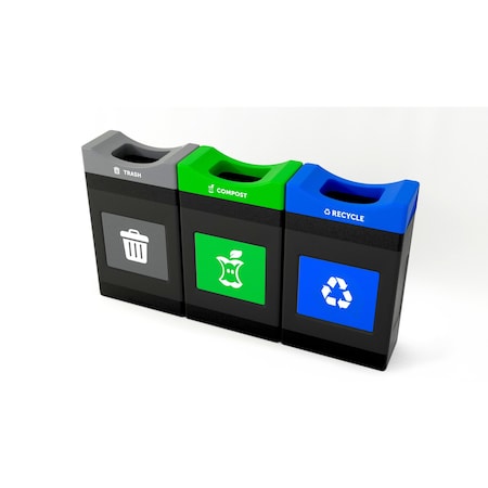 Commercial Zone Products Avante Series Triple Stream Black Trash/Recycling/Composting 30 Gallon Shallow Containers w/ Open Top 787307MSA
