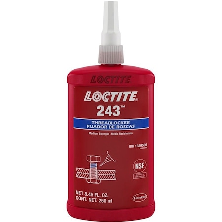 Loctite Primerless Threadlocker, LOCTITE 243, Blue, Medium Strength, Liquid, 250 mL Bottle 1329505