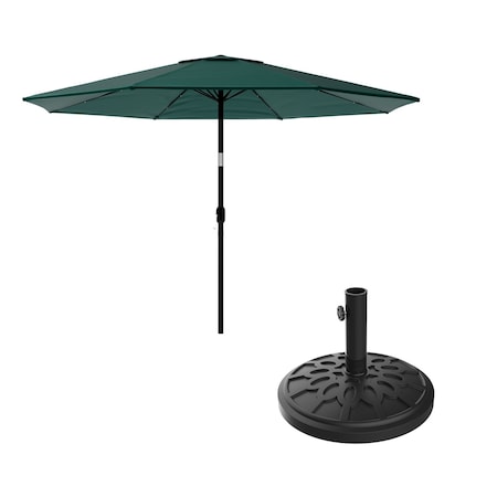 Pure Garden 10 ft Solar Patio Umbrella with 19lb Base and 32 LED Lights, Dark Green 50-LG1176B