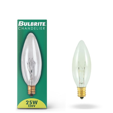 Bulbrite 25w Dimmable Clear B8 Torpedo 25mm Incandescent Lght Bulb Candelabra (E12) Bse, 2700K Warm Wht, 50PK 861985