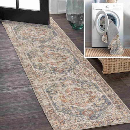 Jonathan Y Keesha Bold Distressed Medallion Low-Pile Machine-Washable Blue/Cream 2 ft. x 8 ft. Runner Rug WSH316A-28