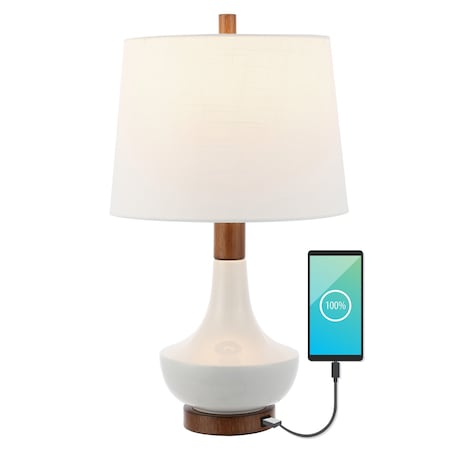 Jonathan Y Finn 23" Vintage Minimalist Iron/Ceramic LED Mini Table Lamp w/USB Charging Port, Wood Finished/White JYL4047A