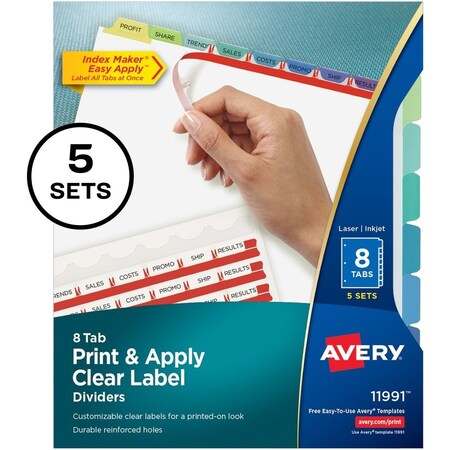 Avery Dennison Avery 8-Colored Tabs Presentation Divider, Print-on, 8.5"x11", 8 Tabs, 5 Sets, White/Multicolor 11991