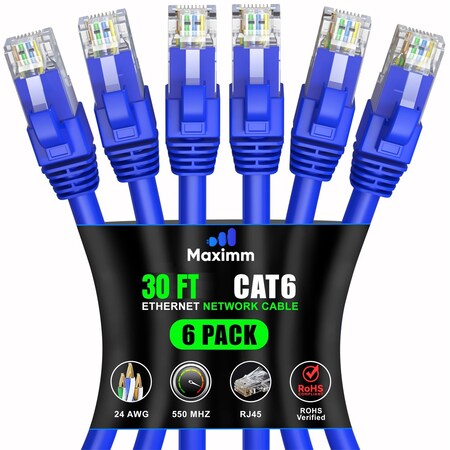 Maximm Cat6 Ethernet Cable 30ft 10Gbps 550MHz UTP, 6PK, Blue, 6PK BL6PK16