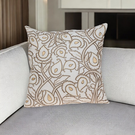 Homeroots 22" Brown and White Cotton Throw Pillow with Embroidery 529252