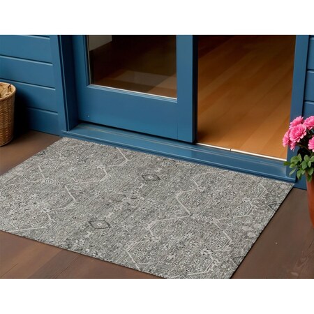 Homeroots 3' X 5' Pewter Floral Washable Indoor Outdoor Area Rug 607350