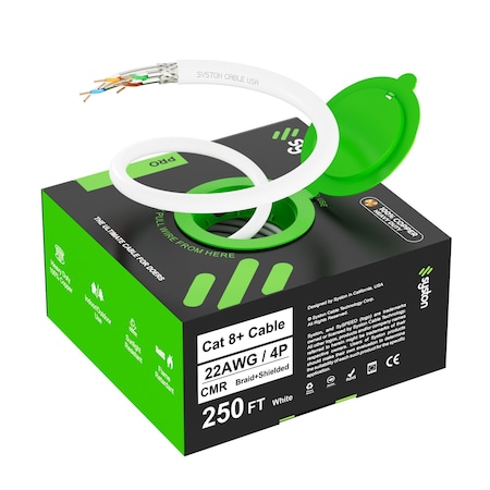 Syston Cable Technology Cat 8 Ethernet Cable S/FTP Bulk, 250ft, White, 2000 MHz 22 AWG Solid Copper, CL2R CMR Riser-Rated BULK1588-250WH