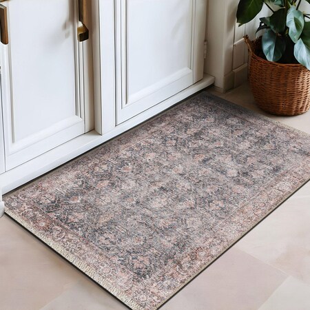 World Rug Gallery Vintage Inspired Bordered Machine Washable Area Rug 2 ft x 3 ft Charcoal 6037CHARCOAL2X3