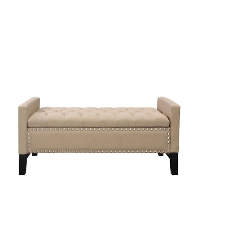 Homeroots 50" Beige and Black Upholstered Linen Bench with Flip top 530659