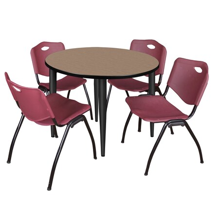 Regency Round Kahlo Breakroom Table W/ 4 M Stack Chairs, 42 in W, 42 in L, Noble Oak TPL42RNDNOBK47BY