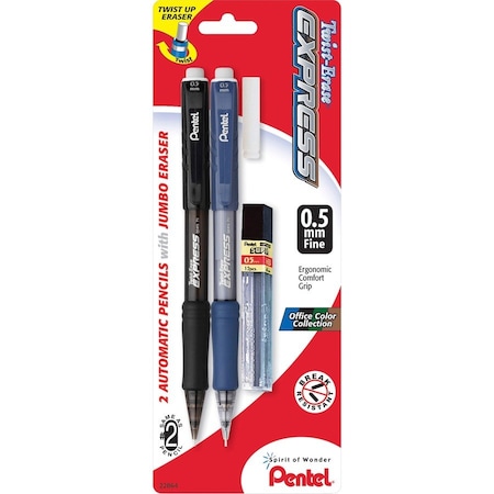 Pentel Twist-Erase EXPRESS Mechanical Pencils with Tube of Leads/Eraser, 0.5 mm, HB #2, Black Lead QE415LEBP2