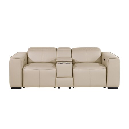 Homeroots 90in Cream and Brown Italian Leather Power Reclining Loveseat With Storage 720553