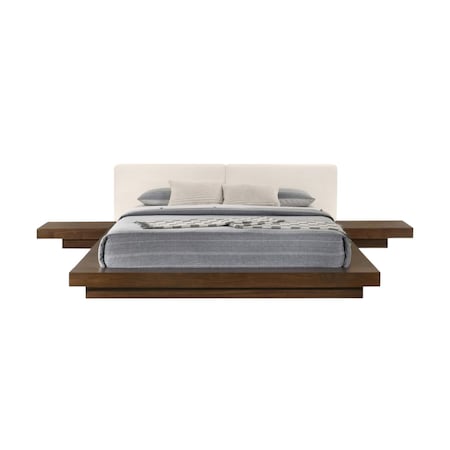 Homeroots Walnut and White Wood And Faux Leather King Bed Frame With Attached Nightstands 486264