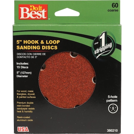 Do It Best 5'' 60-Grit 5-Hole Pattern Vented Sanding Disc with Hook & Loop Backing, 15PK 380210GA