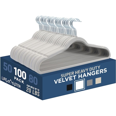 Lifemaster Velvet Hangers, Swivel Hook, Non-Slip, Heavy Duty, Holds 10 lbs, White, 100PK LMVEL100WH
