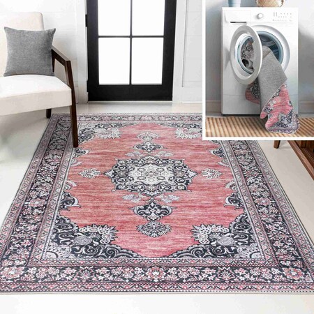 Jonathan Y Bausch Bohemian Distressed Chenille Non-Slip Washable Dark Pink/Black/White 5ft x 8ft Area Rug WSH201B-5