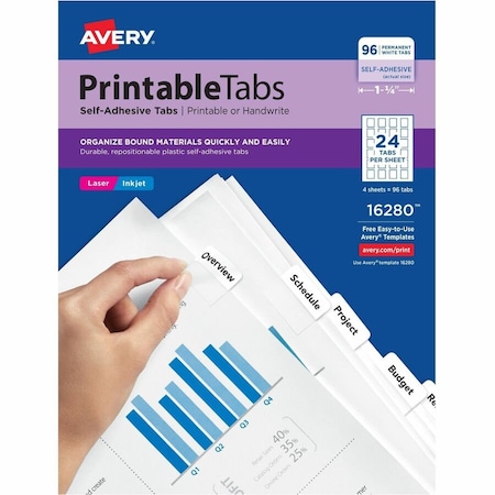Avery Printable Self-Adhesive Tabs, 1-1/4" Width, White, 96 Tabs/Pack 16280
