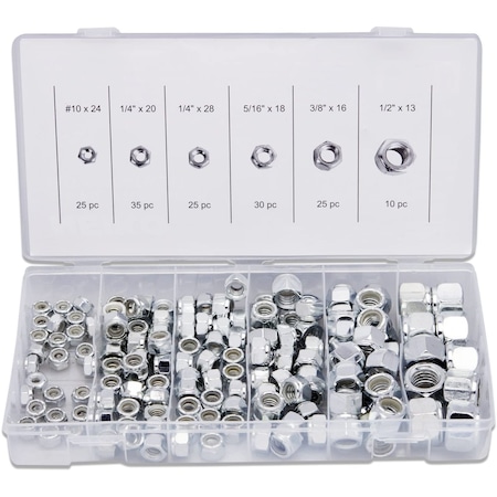 Neiko Hex Nut Assortment Set, 150 Piece Nylon Locking Nuts, A3 Steel Hex Assorted Hardware Kit #10 & SAE 50432A
