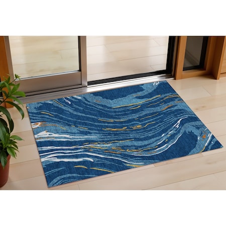 Homeroots 3' X 5' Navy Blue Gold And Copper Abstract Washable Indoor Outdoor Area Rug 600240