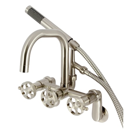 Kingston Brass 7-Inch Adjustable Wall Mount Clawfoot Tub Faucet w/ Knurled Handle and Hand Shower, Brushed Nickel AE8458RKX
