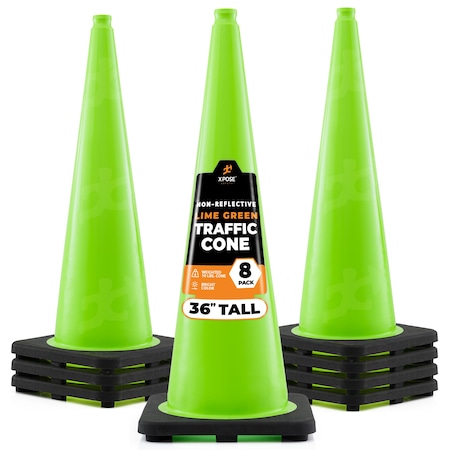 Xpose Safety Traffic Safety Cone, 36 in, Premium PVC, No Collar, Lime Green, 8 pk LTC36-8-X
