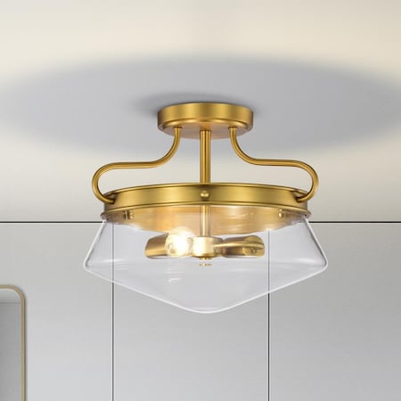 Warehouse Of Tiffany CD004-2AGB Elize Aged Brass 2-Light Metal & Glass Bowl Shade Semi-Flush Mount CD004/2AGB